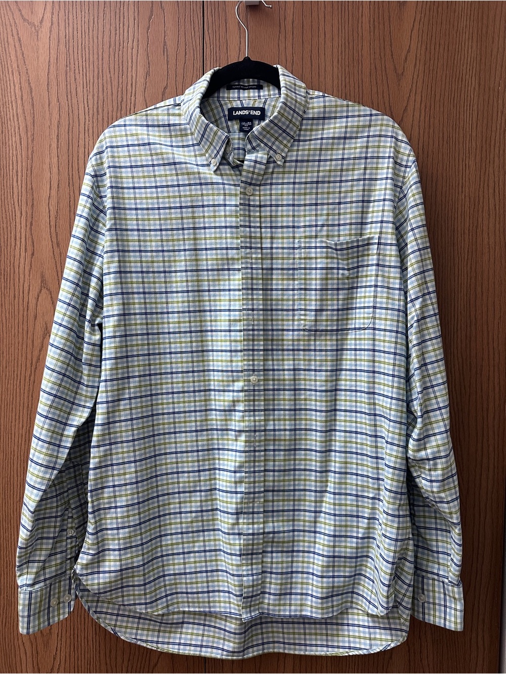 Lands' End Men's Button-Down Plaid Shirt in Light Blue & Green